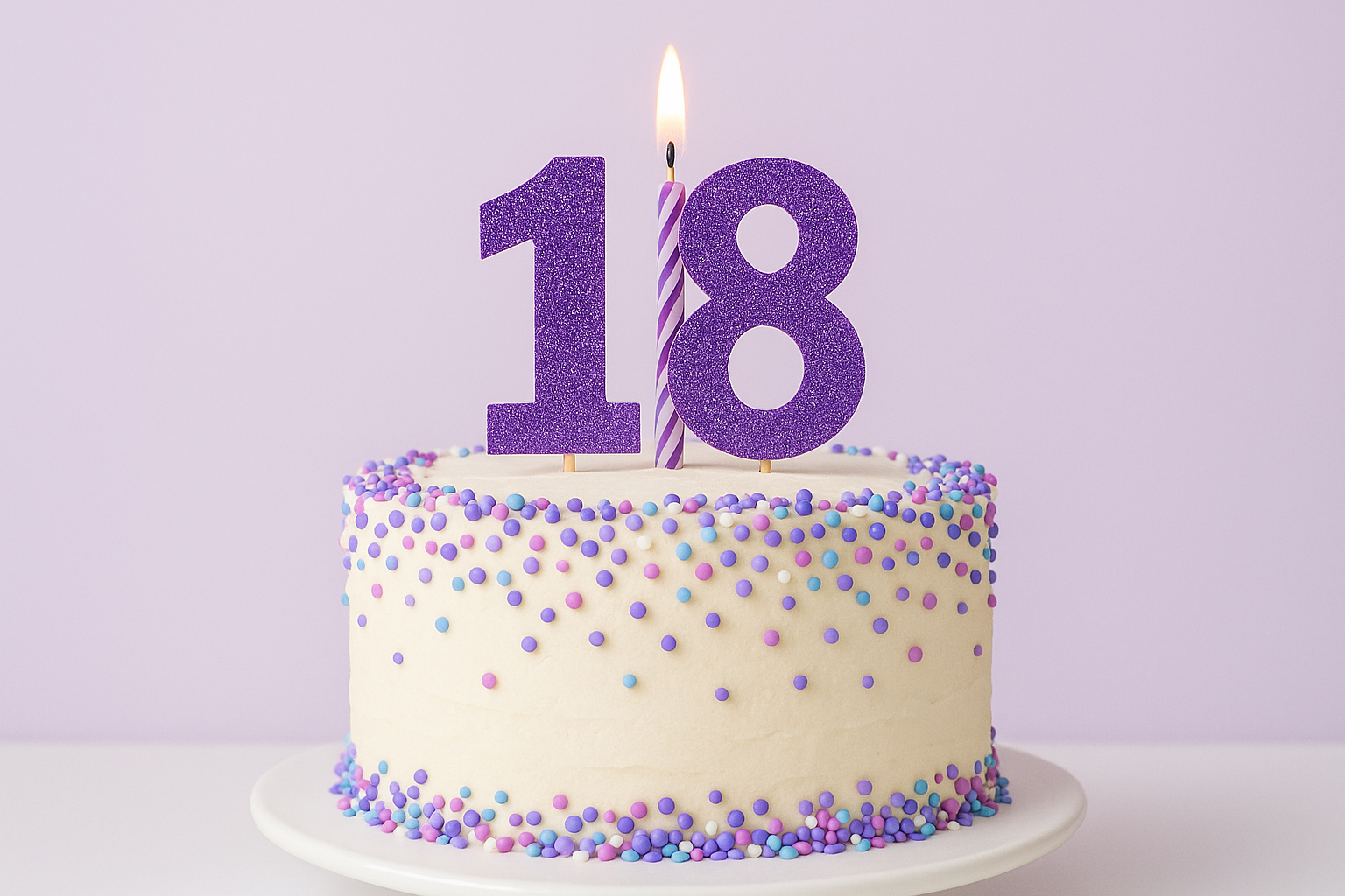 18th birthday cake with purple glitter candles