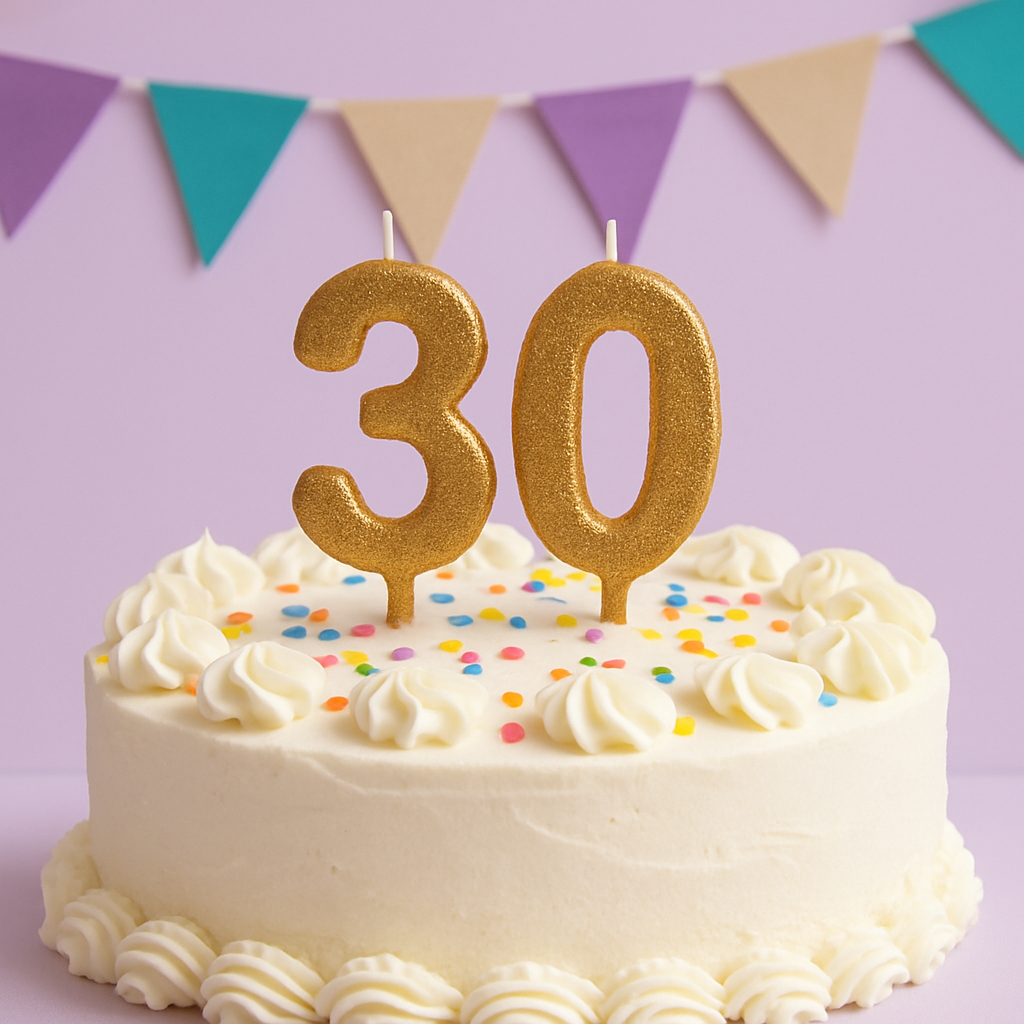 Stylish 30th birthday cake with gold candles and pastel bunting decorations