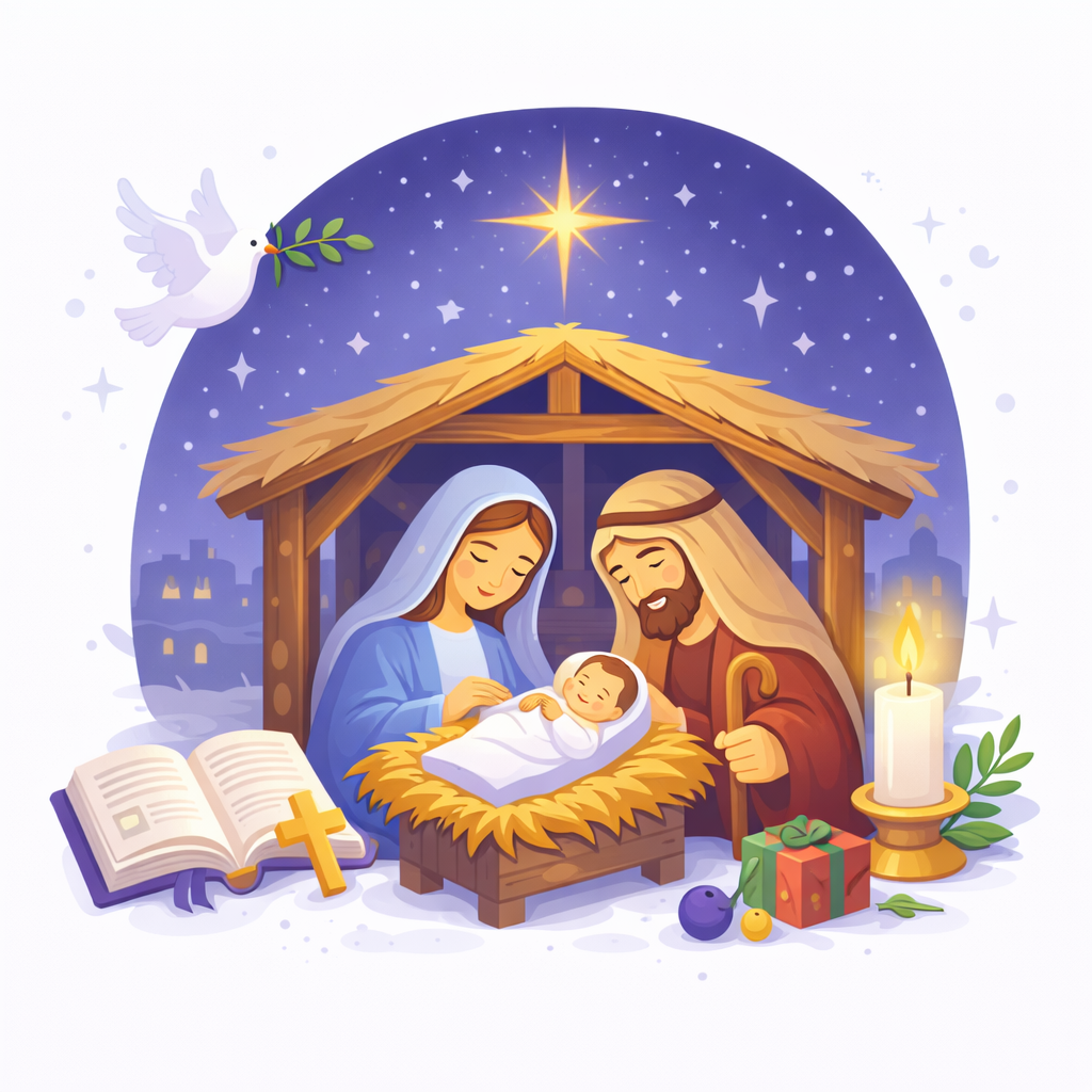 Sacred Christmas nativity scene with religious symbols and candlelight