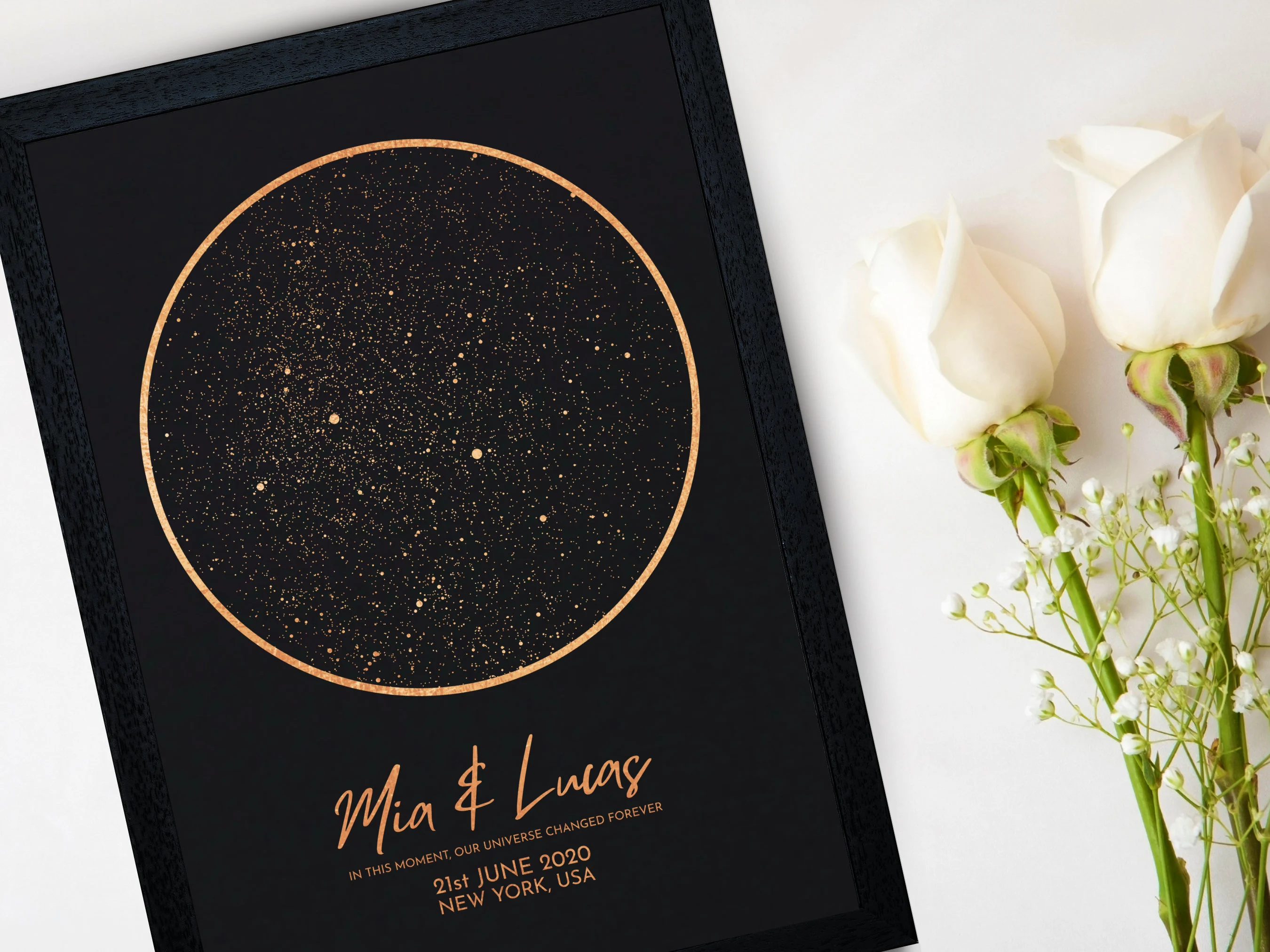 A framed star chart in a modern setting